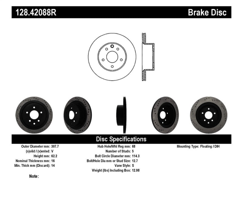 StopTech 08-09 Infiniti EX35 / 05-08 G35 / 09 G37 / 06-09 M35/M45 Drilled Right Rear Rotor